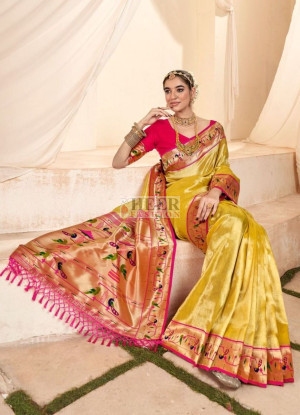 Lemon yellow color soft tissue paithani silk saree with zari weaving work