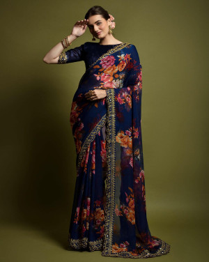 Designer navy blue color georgette saree with embellished sequins & floral print