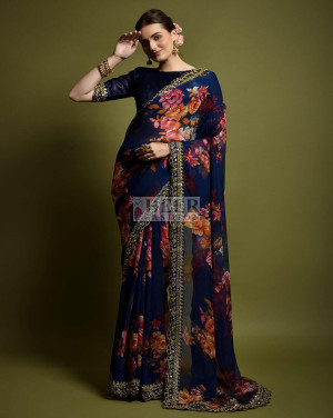 Designer navy blue color georgette saree with embellished sequins & floral print