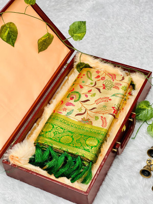 Green color dharmavaram banarasi silk saree with zari weaving work