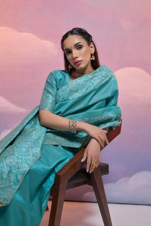 Firoji color handloom raw silk saree with contrast weaving work