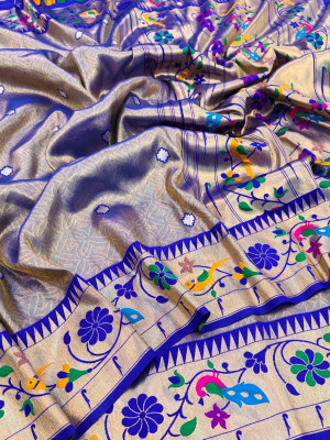 Royal blue color soft tissue paithani silk saree with zari weaving work