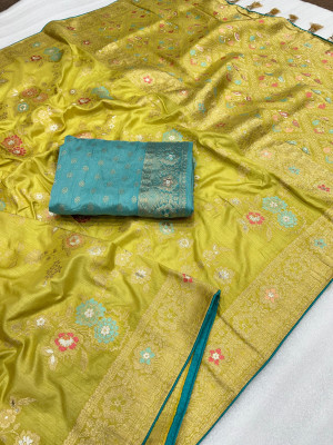 Light yellow color dola silk saree with zari weaving work