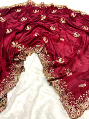 Maroon color vichitra silk saree with beautiful cutwork & embroidery border