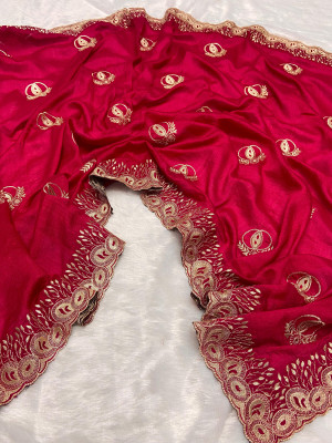 Pink color vichitra silk saree with beautiful cutwork & embroidery border