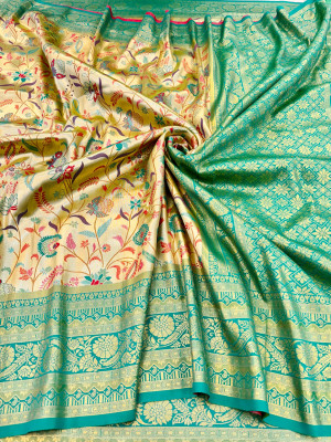 Sea green color dharmavaram banarasi silk saree with zari weaving work