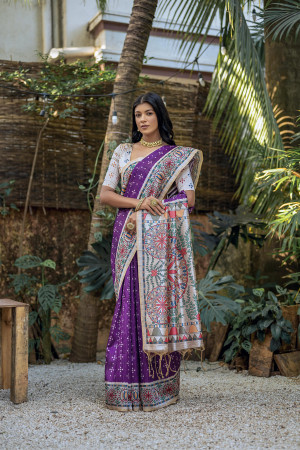 Purple color tussar silk saree with madhubani printed work