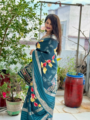 Bottle green color soft dola silk saree with jacquard border & floral printed design