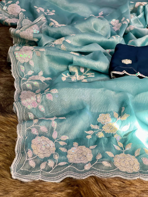 Sky blue color burberry jimmy choo silk saree with embroidery and sequence work