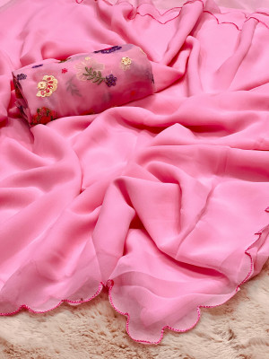 Baby pink color soft georgette saree with cutwork border