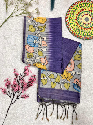 Purple color soft tussar silk saree with kalamkari & digital printed work