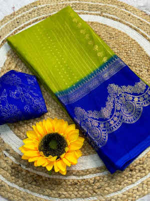 Parrot green color soft chiffon georgette saree with foil printed work