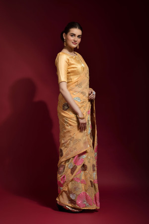 Mustard yellow color designer georgette saree with sequance embroidery work