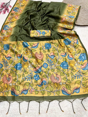 Mahendi green color soft tussar silk saree with kalamkari & digital printed work