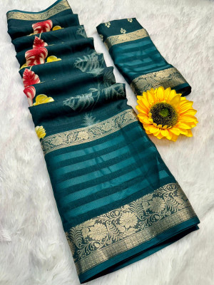 Bottle green color soft dola silk saree with jacquard border & floral printed design
