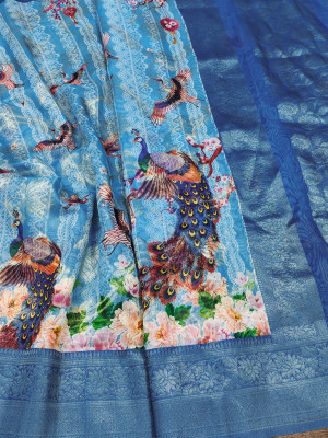 Blue color soft linen silk saree with digital peacock printed work