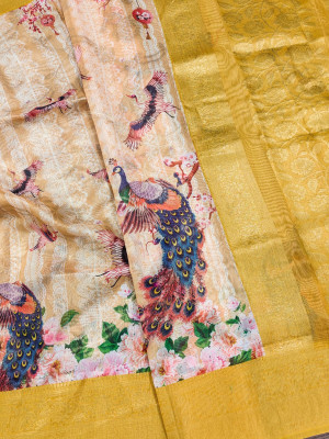 Yellow color soft linen silk saree with digital peacock printed work