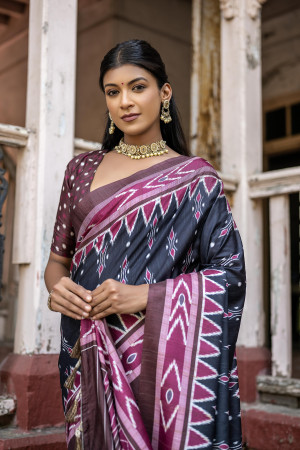 Black color soft tussar silk saree with ikkat printed work