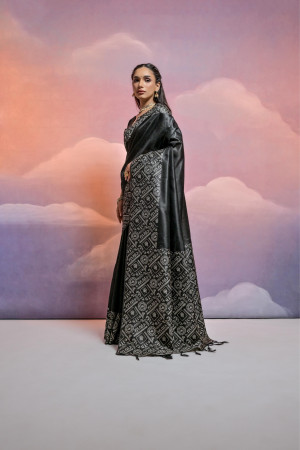 Black color handloom raw silk saree with contrast weaving work