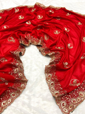 Red color vichitra silk saree with beautiful cutwork & embroidery border