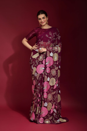 Wine color designer georgette saree with sequance embroidery work
