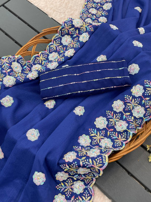 Royal blue color designer crepe silk saree with embroidery & sequence work