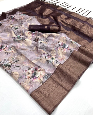 Magenta color soft linen silk saree with digital printed work