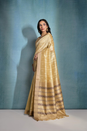 Beige color khadi raw silk saree with zari weaving work