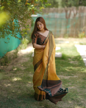 Lemon yellow color soft kanjivaram silk saree with zari weaving work