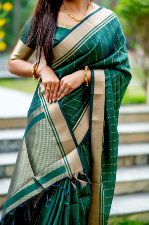 Green color soft banarasi raw silk saree with zari lining weaving work