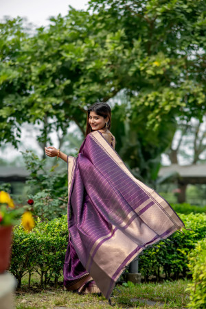 Wine color soft banarasi raw silk saree with zari lining weaving work