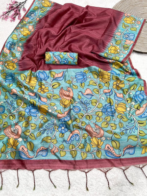 Maroon color soft tussar silk saree with kalamkari & digital printed work