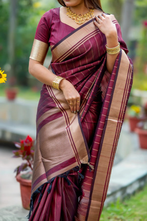 Dark maroon color soft banarasi raw silk saree with zari lining weaving work
