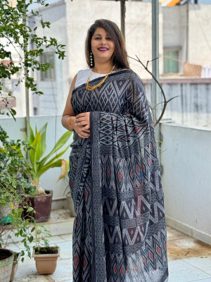 Black color soft cotton saree with digital printed work