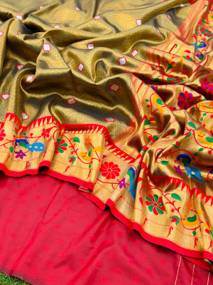 Brown color soft tissue paithani silk saree with zari weaving work