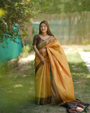 Lemon yellow color soft kanjivaram silk saree with zari weaving work