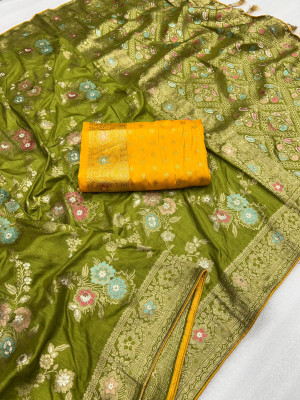 Parrot green color dola silk saree with zari weaving work