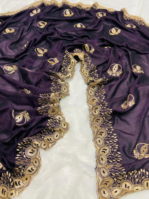 Wine color vichitra silk saree with beautiful cutwork & embroidery border