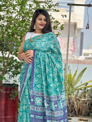 Sea green color soft cotton saree with motif printed design