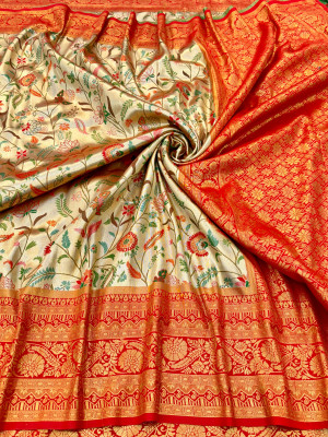 Red color dharmavaram banarasi silk saree with zari weaving work