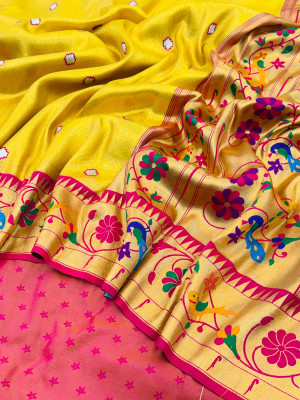 Lemon yellow color soft tissue paithani silk saree with zari weaving work