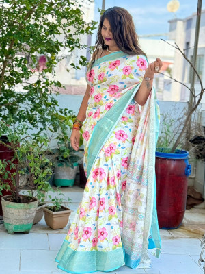 White color soft dola silk saree with flower printed design