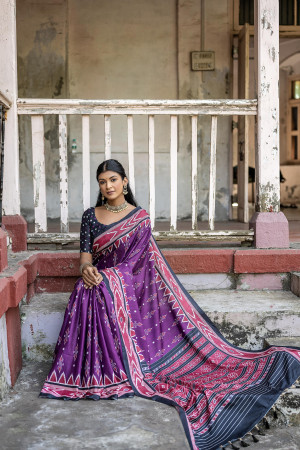 Magenta color soft tussar silk saree with ikkat printed work