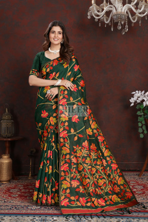 Green color soft jamdani cotton saree with woven design