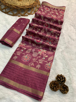 Pink color soft dola silk saree with flower printed work