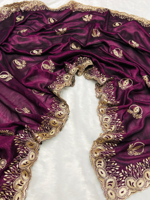 Magenta color vichitra silk saree with beautiful cutwork & embroidery border