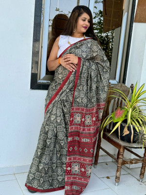 Gray color soft cotton saree with motif printed design