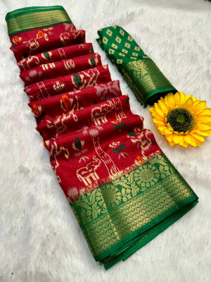 Red color soft dola silk saree with patola printed work