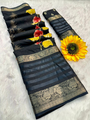Black color soft dola silk saree with jacquard border & floral printed design