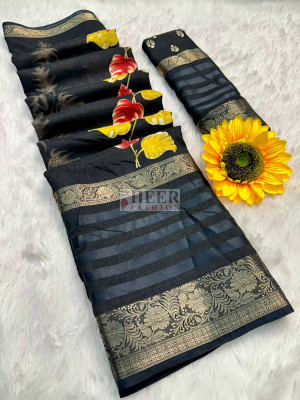 Black color soft dola silk saree with jacquard border & floral printed design